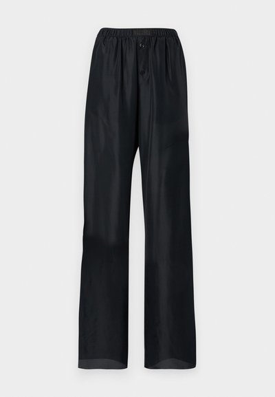 Black, lightweight pants with a relaxed fit, featuring an elastic waistband and two front buttons. Smooth texture with a straight leg design.