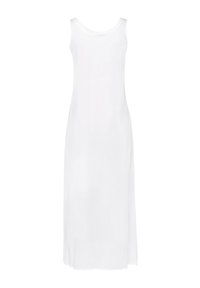 Abito maxi bianco senza maniche con scollo rotondo, texture liscia e silhouette dritta, progettato per una vestibilità comoda.