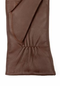 Brown leather glove with a textured finish, featuring a gathered cuff and a smooth surface. Displays subtle stitching detail.