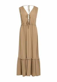 Robe maxi beige sans manches avec un profond décolleté en V, trois fermetures à nouer à l'avant, taille cintrée et ourlet à volants en étages.