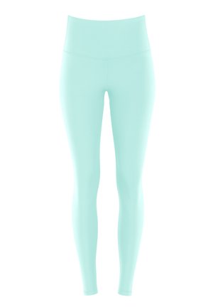 Leggings u mint zelenoj boji napravljeni od rastezljivog, glatkog materijala. Visoki struk bez vidljivih šavova ili uzoraka, pružajući elegantan izgled.