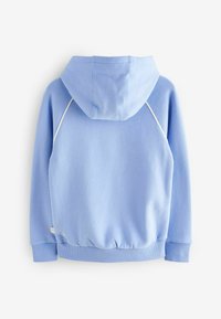 Felpa blu chiaro con cappuccio, polsini e vita a coste. Tessuto morbido con una trama liscia e piping bianco a contrasto lungo le cuciture.