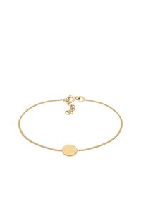 Guldtonad metallarmband med en fin kedja, som har ett texturerat runt hänge och justerbart lås för en anpassningsbar passform.