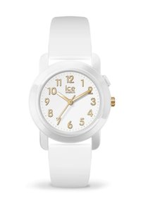 Montre avec un bracelet en silicone blanc et un cadran rond blanc. Chiffres arabes dorés aux positions 12, 3, 6, 9, et aiguilles dorées. Accents en matériel doré.