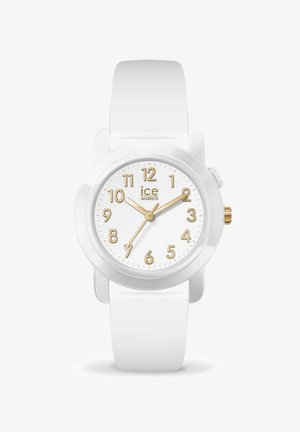 Orologio con cinturino in silicone bianco e quadrante rotondo bianco. Numeri arabi dorati a 12, 3, 6, 9 e lancette dorate. Dettagli in metallo dorato.