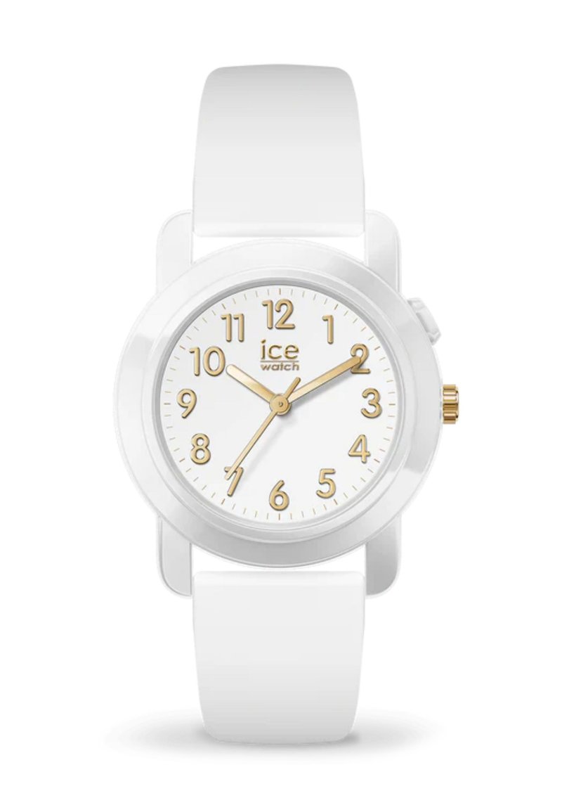 Montre avec un bracelet en silicone blanc et un cadran rond blanc. Chiffres arabes dorés aux positions 12, 3, 6, 9, et aiguilles dorées. Accents en matériel doré.