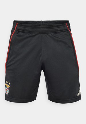 Black athletic shorts with red side stripes, elastic waistband, featuring a team logo and three gold stars. Made of smooth, breathable material.