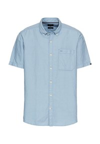 Lichtblauwe shirt met korte mouwen, met een button-down kraag, voorzak en subtiele textuur. Kenmerkt zich door decoratieve stiksels en logo details.