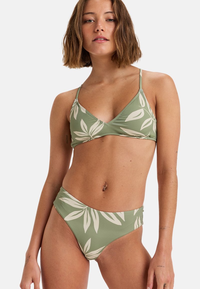 Green bikini set featuring a triangular bralette with adjustable straps and high-waisted panties, adorned with a white leaf pattern.