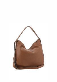 Brown leather hobo bag with a soft texture, curved shape, adjustable shoulder strap, and gold-tone zipper closure.