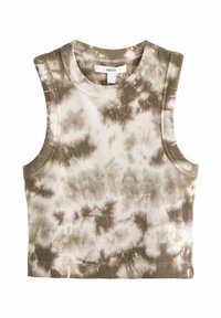 Top corto a coste senza maniche con motivo tie-dye beige e marrone, scollatura rotonda e etichetta del marchio "NEXT" all'interno del colletto.