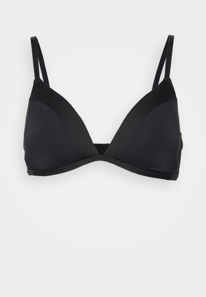 Black triangular bra featuring a smooth texture, adjustable straps, and a minimalist design with no additional hardware or patterns.