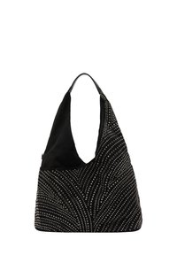 Geantă hobo neagră cu un design lejer, realizată dintr-un material moale. Dispune de capse metalice dispuse în modele curgătoare și are o curea subțire din piele.