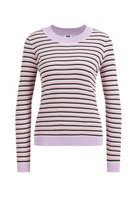 Stickad tröja med horisontella ränder i lila, rosa och svart. Rundad halsringning, långa ärmar samt ribbad mudd och nederkant.