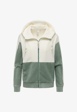 Felpa con cappuccio e zip realizzata in tessuto a coste, con una parte superiore color crema e una parte inferiore verde, dotata di coulisse regolabile e tasche laterali.