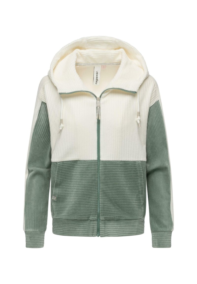 Felpa con cappuccio e zip realizzata in tessuto a coste, con una parte superiore color crema e una parte inferiore verde, dotata di coulisse regolabile e tasche laterali.