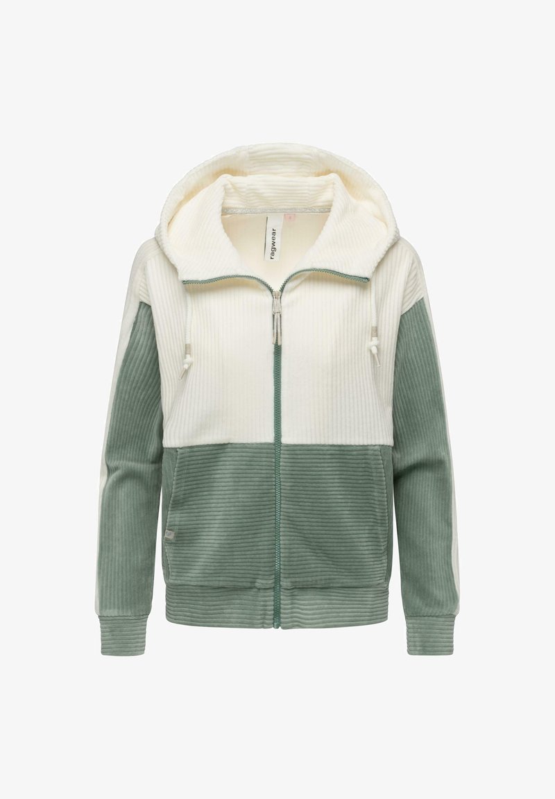 Felpa con cappuccio e zip realizzata in tessuto a coste, con una parte superiore color crema e una parte inferiore verde, dotata di coulisse regolabile e tasche laterali.