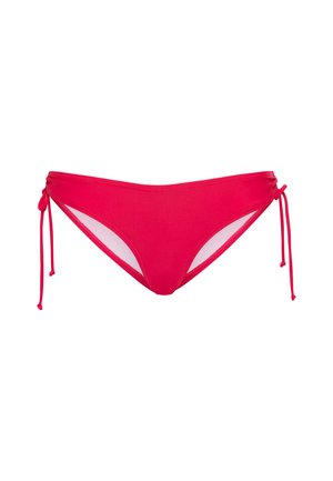 Rosa Bikinihose mit verstellbaren Seitenschnüren, hergestellt aus glattem Stoff. Verfügt über einen niedrigen Bund und ein Design mit minimaler Bedeckung.