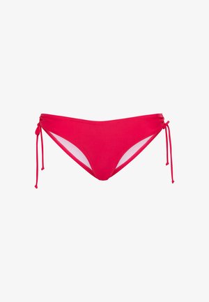 Roze bikinibroekje met verstelbare zijstrikjes, gemaakt van gladde stof. Heeft een lage taille en een ontwerp met minimale bedekking.