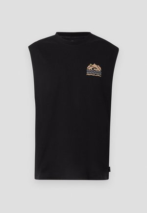 Fekete ujjatlan pamut póló kerek nyakkivágással. A mellkasán színes hegy- és hullámgrafika található.