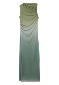 Ärmelloses grünes Kleid mit einem Farbverlauf, der in einen helleren Farbton übergeht. Das Kleid hat eine geraffte Textur an den Seiten und eine gerade Silhouette.