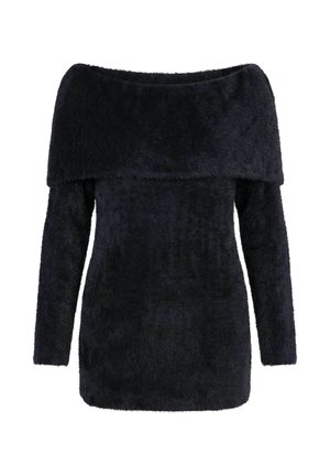 Maglione nero sfocato con maniche lunghe e scollo ampio a barca ripiegato, con una consistenza morbida e vellutata.