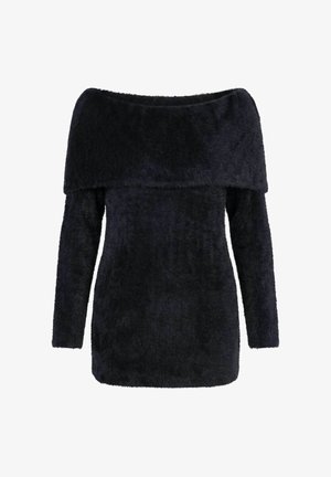 Suéter negro borroso de manga larga con escote amplio que se pliega hacia abajo y una textura suave y aterciopelada.