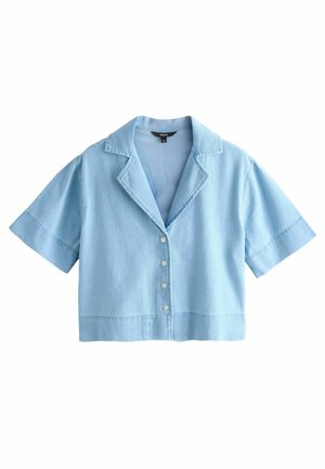 hele hele sinine lühendatud särk lühikeste varrukatega, laia kraega ja viie ees nupuga.