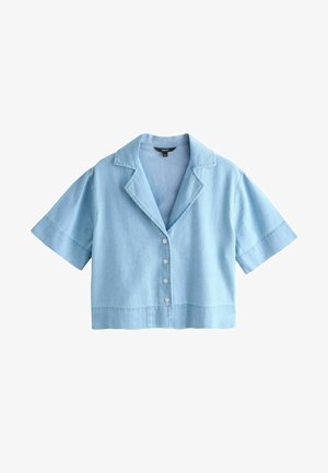 Šviesiai mėlyna trumpa palaidinė su trumpomis rankovėmis, plačiu apykakliu ir penkiais priekinių sagomis.