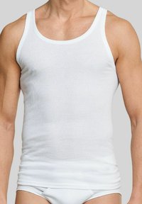 White ribbed tank top with wide shoulder straps and a rounded neckline, made of soft cotton material, fitted design, minimalistic style.