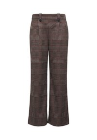 Bruin geruite broek met wijd uitlopende pijpen, met plooien, twee knopen bij de taille en contrasterende rode lijnen in het patroon.
