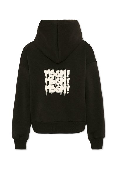 Sweatshirt à capuche noir avec poignets et ourlet côtelés, avec le texte "MSGM!" en style graffiti blanc répété trois fois dans le dos.