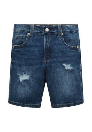 Short en jean bleu foncé avec poches avant, passants de ceinture, fermeture par bouton, et deux patches usés sur les jambes.