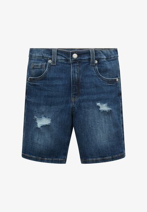 Pantalones cortos vaqueros azul oscuro con bolsillos delanteros, trabillas para cinturón, cierre con botón y dos parches desgastados en las piernas.