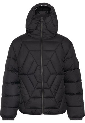 Black padded jacket with a geometric stitched design, featuring a hood and front zipper, made from a smooth, quilted material.