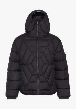 Black padded jacket with a geometric stitched design, featuring a hood and front zipper, made from a smooth, quilted material.
