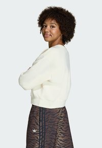 Kreminės spalvos trumpas džemperis su apvalia iškirpte ir ilgomis rankovėmis, derinamas su ruda sijonu, kuriame yra tigrinės juostelės raštas ir trys juodos juostos.