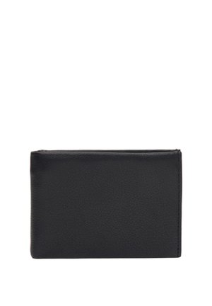 Czarny skórzany portfel o teksturowanej powierzchni, prostokątnym kształcie, zamykaniu na zamek błyskawiczny na górze i minimalnych detalach szycia. Kompaktowy i elegancki design.