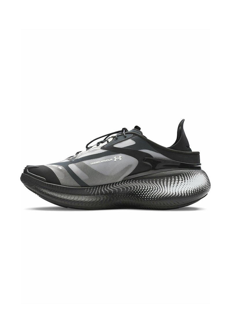 Black and gray athletic shoe featuring a mesh upper, rounded sole with dotted pattern, and a secure lace-up design.