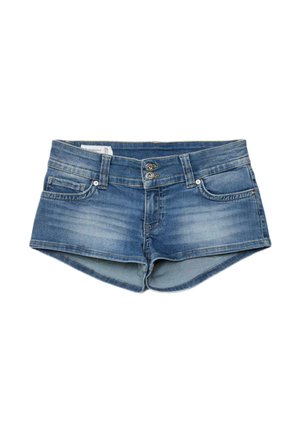 Blaue Jeansshorts mit Doppelknopfverschluss, Fronttaschen und Gürtelschlaufen, mit leicht verblassten Details im Stoff.