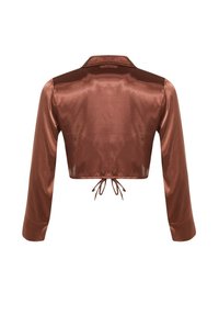 Chemise longue en satin marron, manches longues, raccourcie, avec col et lien réglable à l'ourlet arrière, vue de dos.