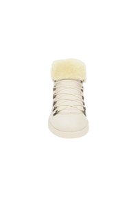 Cream-colored high-top sneaker with a faux fur collar, metal eyelets, and flat laces. Smooth texture with a rounded toe and rubber sole.