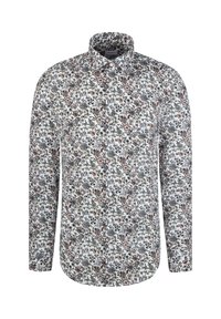 Chemise à manches longues boutonnée avec fond blanc et motif floral dense dans des tons verts doux, marron et bleu.