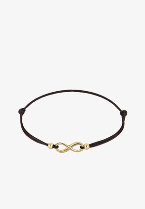 Juodas virvės apyrankė su auksine begalybės simbolio centre ir dviem auksiniais akcentais šonuose, sukuriant minimalistinį dizainą.