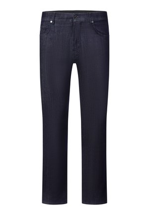 Dunkelblaue Jeans in geradem Schnitt mit vorderem Knopf und Reißverschluss, ausgestattet mit Vorder- und Gesäßtaschen sowie Gürtelschlaufen.