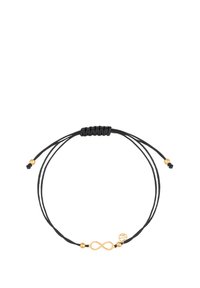 Czarny sznurkowy bransoletka z złotym symbolem nieskończoności i małymi złotymi akcentami, z regulowanym zapięciem umożliwiającym dostosowanie rozmiaru.