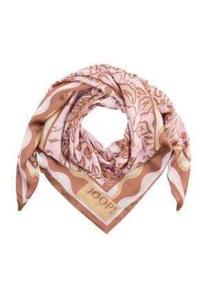 Vierkante zijden sjaal met roze, beige en bruine bloemen- en golvende patronen, gevouwen in een lus met de tekst "JOOP!" op een hoek.