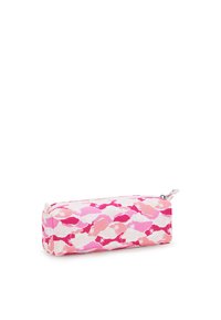 Astuccio con cerniera in rosa e bianco, decorato con motivi a onda e palme. Realizzato in tessuto resistente, ha una forma rettangolare e una texture morbida.