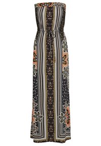 Abito maxi senza spalline in nero con motivi floreali e geometrici multicolori, dotato di vita con cordoncino e silhouette fluida.