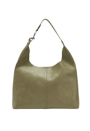 Oliwkowa skórzana torba na ramię z pojedynczym szerokim paskiem i srebrnym metalowym zapięciem po jednej stronie.